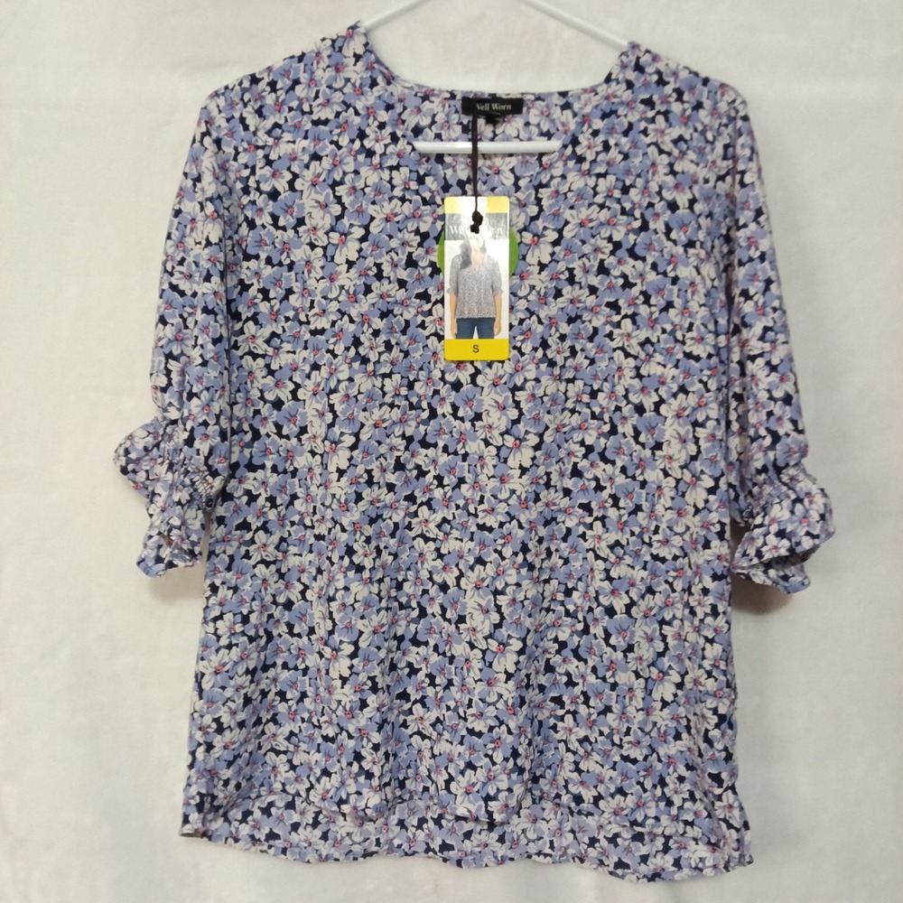 Well Worn Floral V-Neck Blouse Blue White Pink Ruffle Sleeve Recycled Small NWT